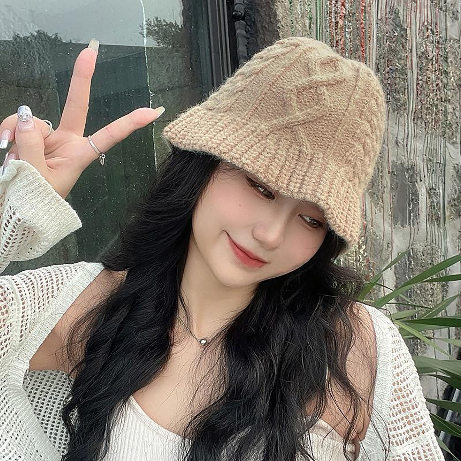 Hesroicy Women Knitted Bucket Hat Twist Pattern Solid Color