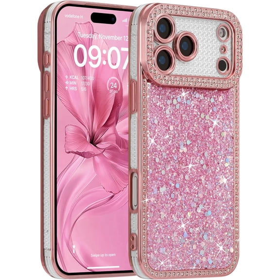 REQO Case for iPhone 17 Pro,Glitter Crystal Diamond Rhinestones Sequin Shiny Bling Sparkly Glossy Luxury Electroplated Case,Aesthetic Cute Full Protection for iPhone 17 Pro