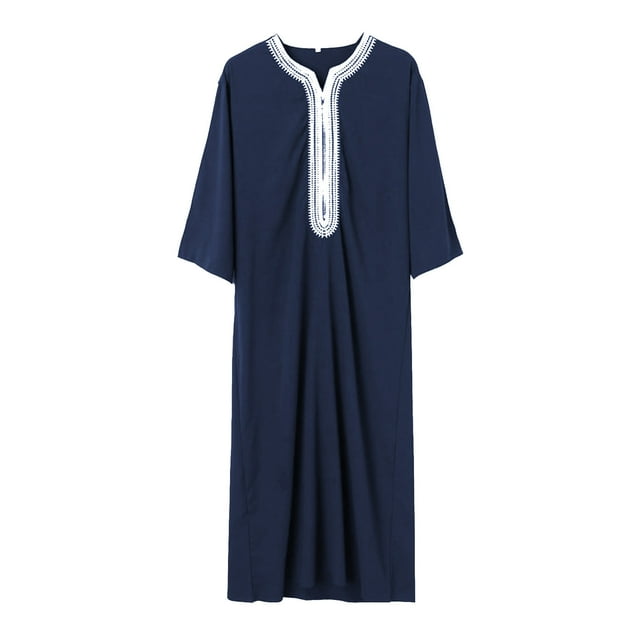 Afdoent Shirts For Men Male Arab Long Sleeve Embroidered Thobe Traditional Middle Robe For Wear Elegant Dress Long Robe With Pockets Relaxed Fit