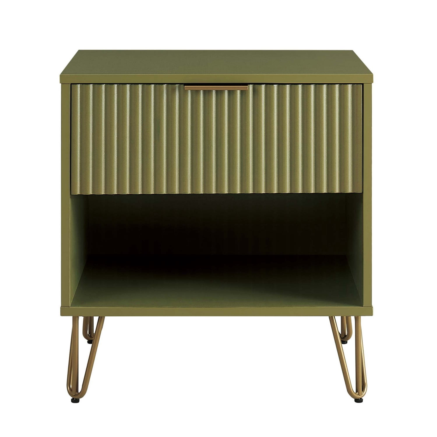 Nightstand, Modern Glam Bedside Table with 1 Drawer, Vertical Ribbed Texture, Gold Handle and Splayed Metal Legs, Storage End Table for Bedroom Living Room, Olive Green