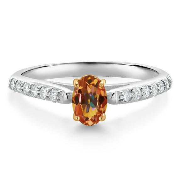 Gem Stone King 10K White and Yellow Gold Ecstasy Mystic Topaz and White Lab Grown Diamond Engagement Ring for Women (0.68 Cttw, Oval 6X4MM, Gemstone Birthstone, Size 7)