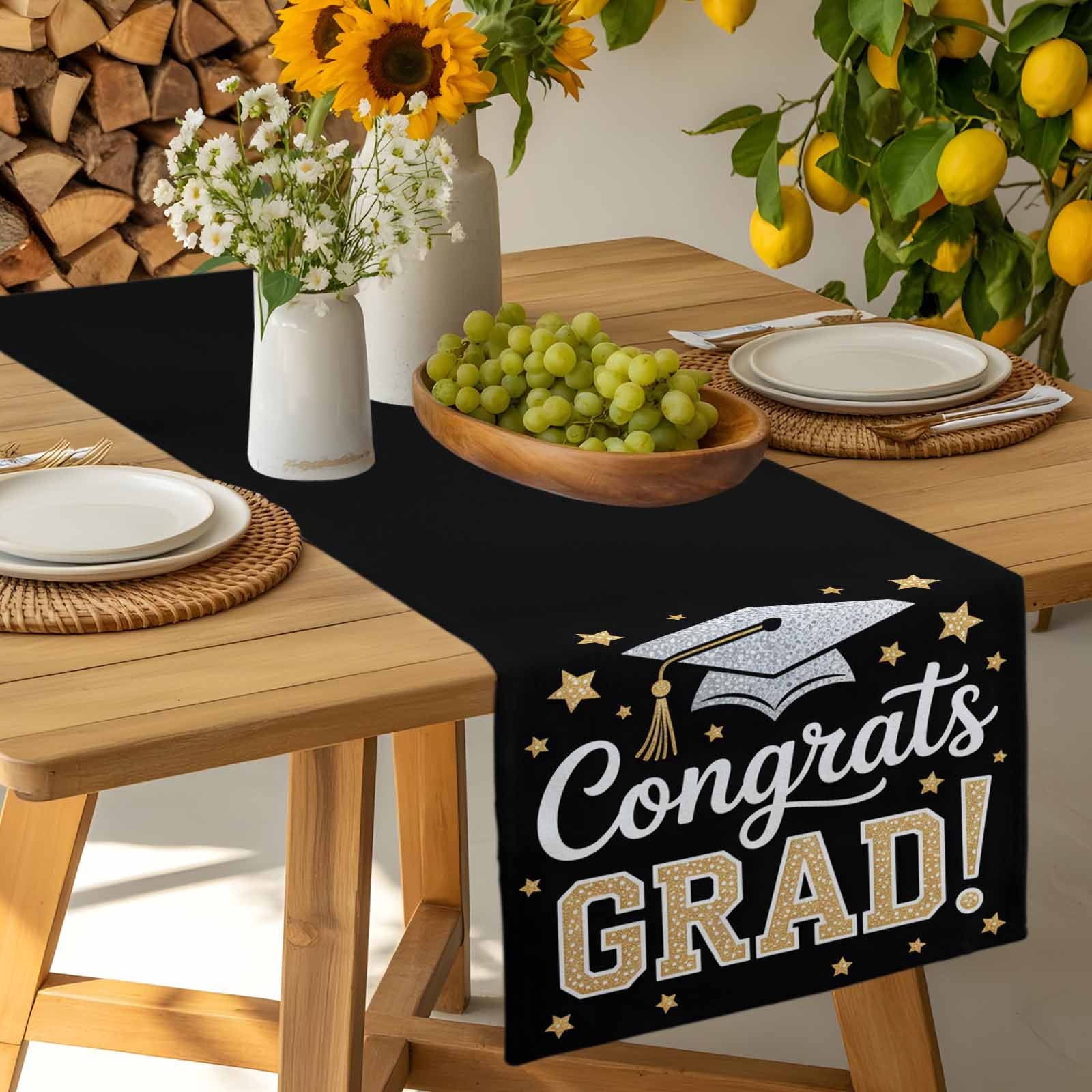 Graduation Hat Table Runner, Yellow Star Black Background Graduate Kitchen Table Runners Dress Scarves for Table Decorations Party/Restaurant/Indoor Outdoor Use, 13x90in