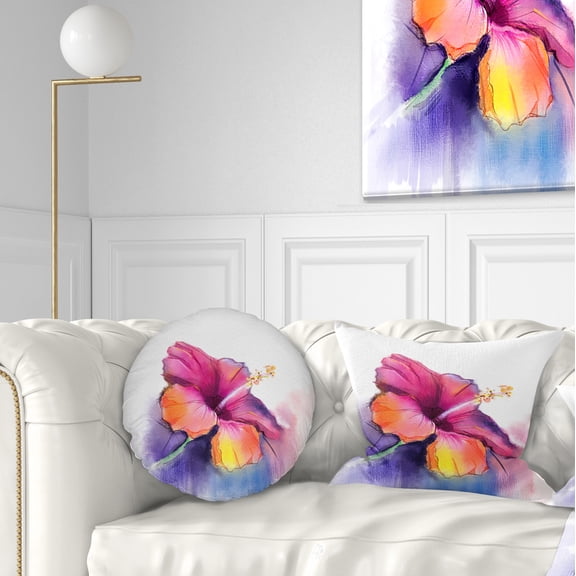 Designart Red Yellow Hibiscus Flower in Blue - Flower Throw Pillow - 12x20