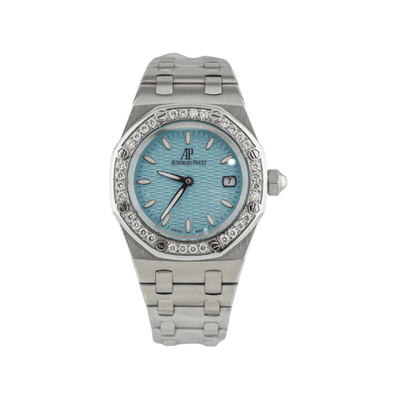 Pre-Owned Audemars Piguet Royal Oak Ladies Quartz 33mm â€“ 67600ST.OO.1210ST.02, Stainless Steel Case with Light Blue â€œPetite Tapisserieâ€ Dial, Diamond-Set Bezel, Stainless Steel Bracelet