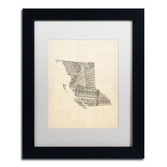Trademark Fine Art "Sheet Music Map British Columbia" Canvas Art by Michael Tompsett White Matte, Black Frame