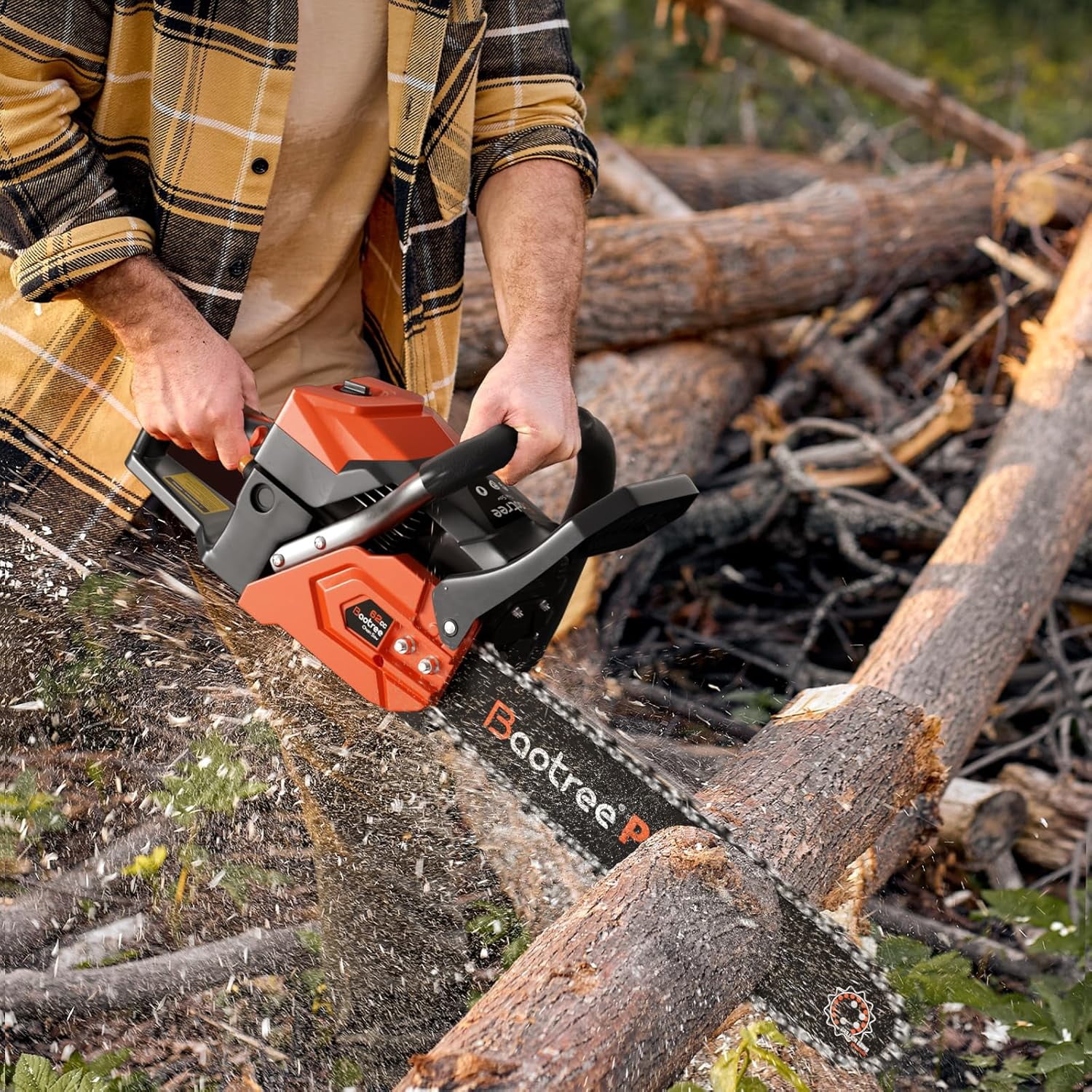 Baotree 20 Inch professional chainsaws, equipped with a two-stroke engine and shock absorption system, quick start technology, suitable for logging, wood splitting and felling operations.