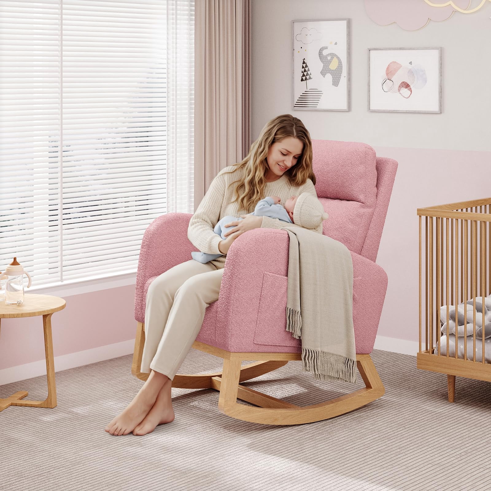 Rocking Chair, Modern Glider Chair, Recliner Armchair with Wood Legs and Side Pocket, Nursery Rocking Accent Chair with High Back for Living Room Bedroom