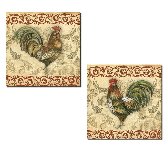 Vintage French Country Rooster on Toile; Two 12x12 Poster Prints