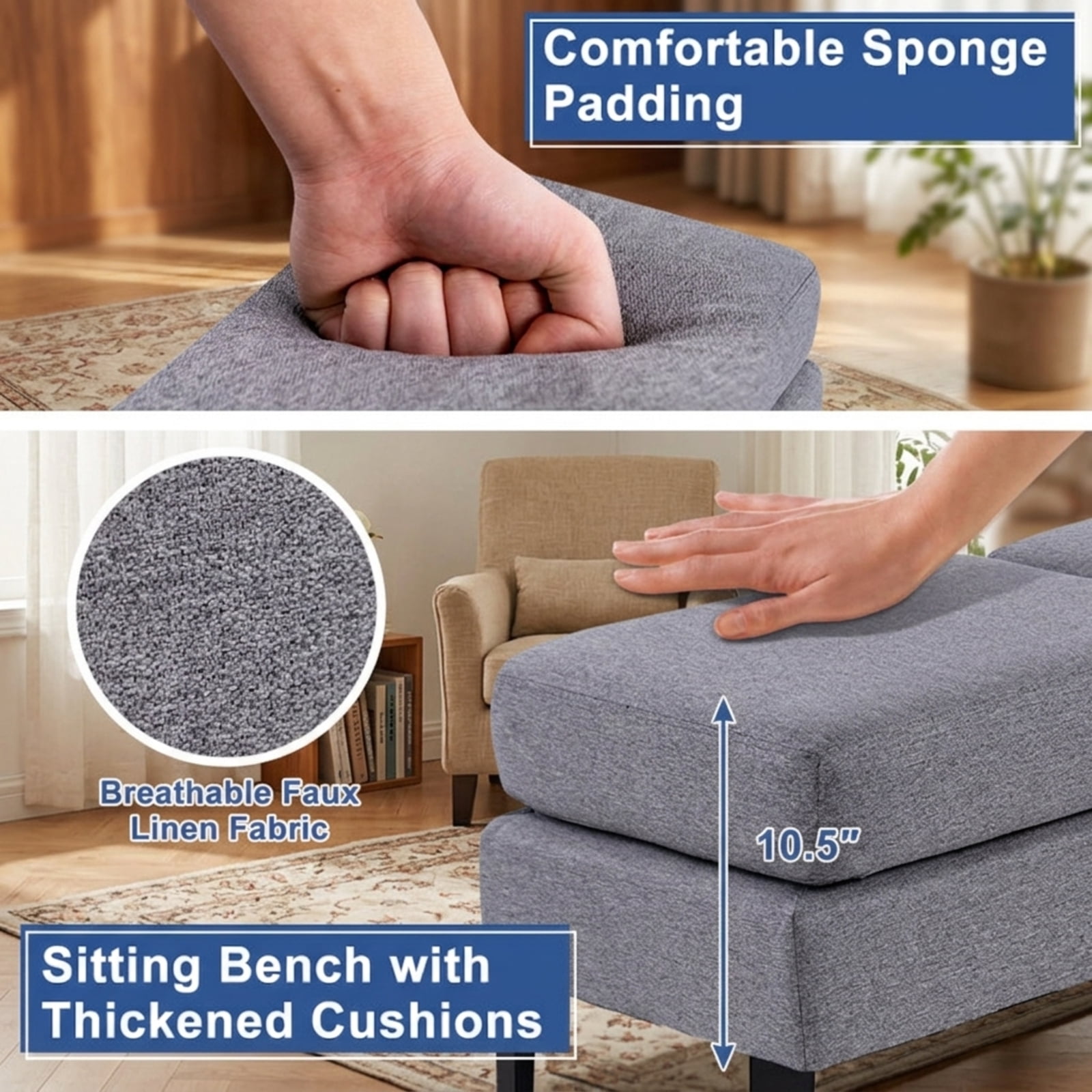 Furnibear 59 Inch Waiting Room Bench with Removable Faux Linen Cushions and Heavy Duty Metal Frame for Reception Office Lobby Long Seating, Gray