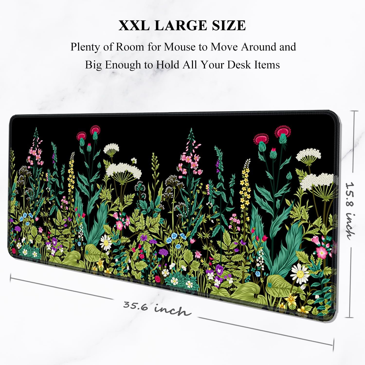 Desk Mouse Pad, Large Gaming Mousepad, XXL Desk Pad, Extended Long Superior Micro-Weave Cloth Non-Slip Rubber Big Computer Mouse Mat for Gamer, Office & Home, 35" x 15", Black Flowers