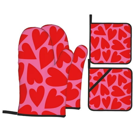 

Oven Mitts and Pot Holders 4 pcs Set Red Love Heart Heat Resistant Pot Holders Oven Mitts for kitchen Non-Slip Hanging Loop Oven Glove Potholders for Baking Cooking