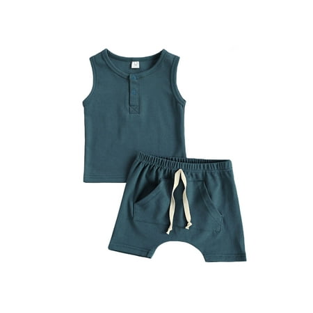 

ZIYIXIN Newborn Baby Girl Boy Summer Outfit Sleeveless Tops Solid Shorts with Pocket 2 Piece Clothes Blue 6-9 Months