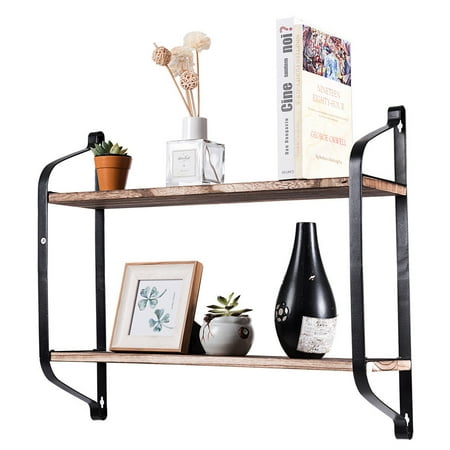Wall Wood Shelf Costway 2Tier Rustic Wall Mounted Floating Shelves Industrial Wood Multi-purpose Storage ()