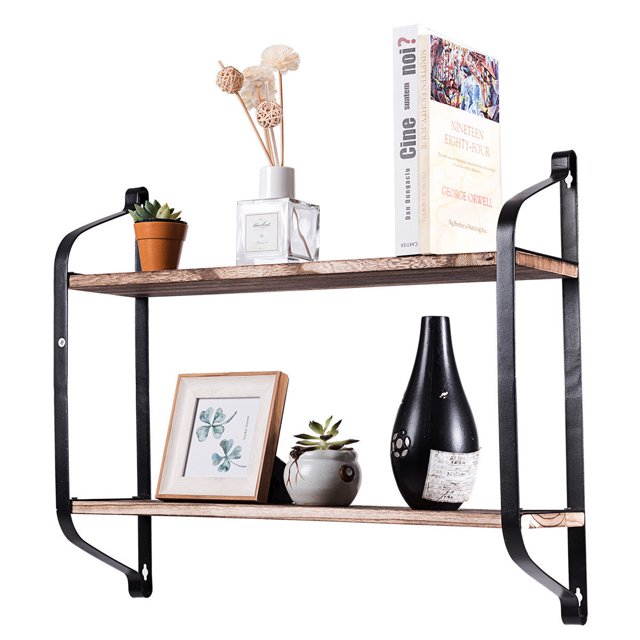 Costway 2Tier Rustic Wall Mounted Floating Shelves Industrial Wood Multi-purpose Storage
