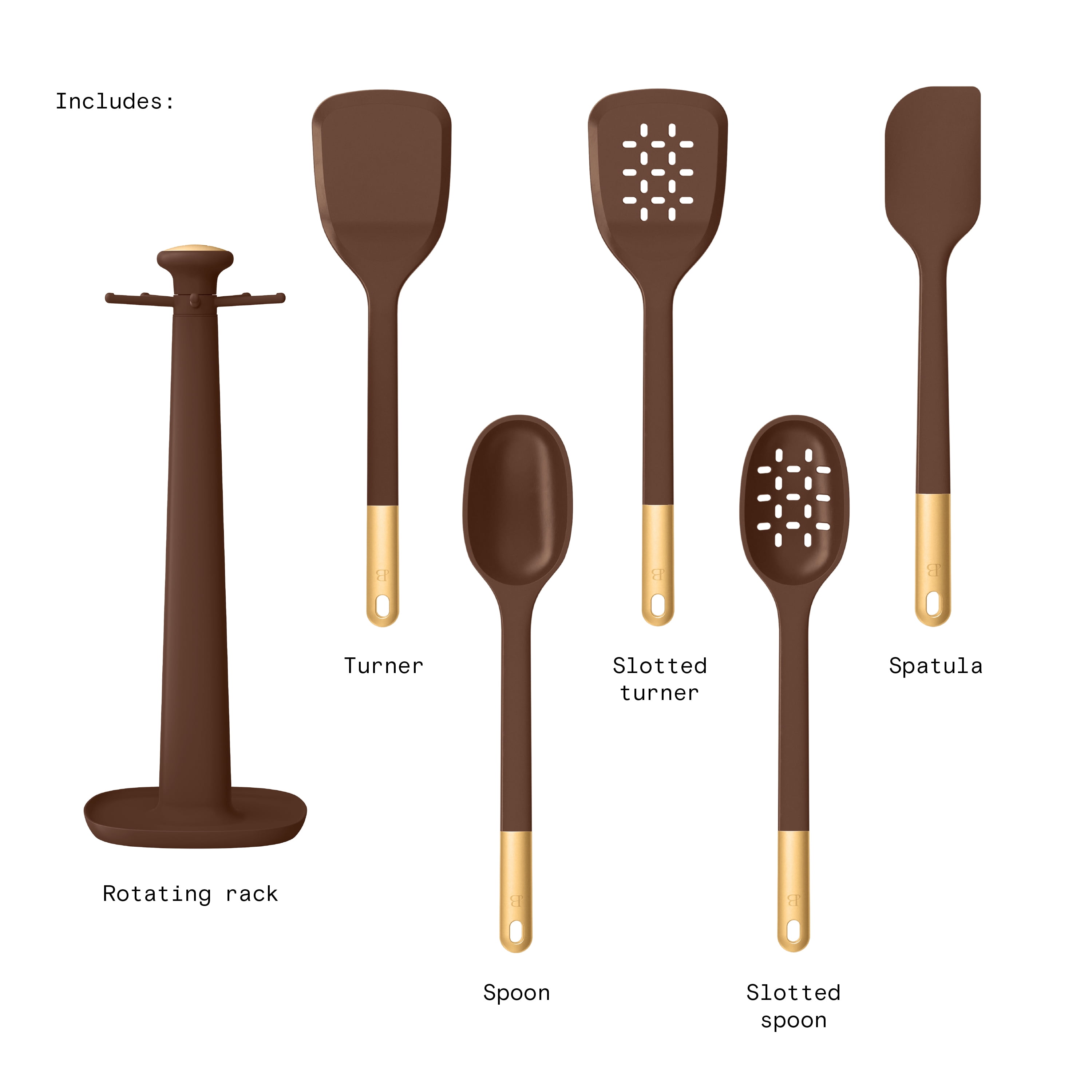 Beautiful 6-Piece Silicone Kitchen Utensil Tool Set with Rotating Rack, Chocolate by Drew Barrymore