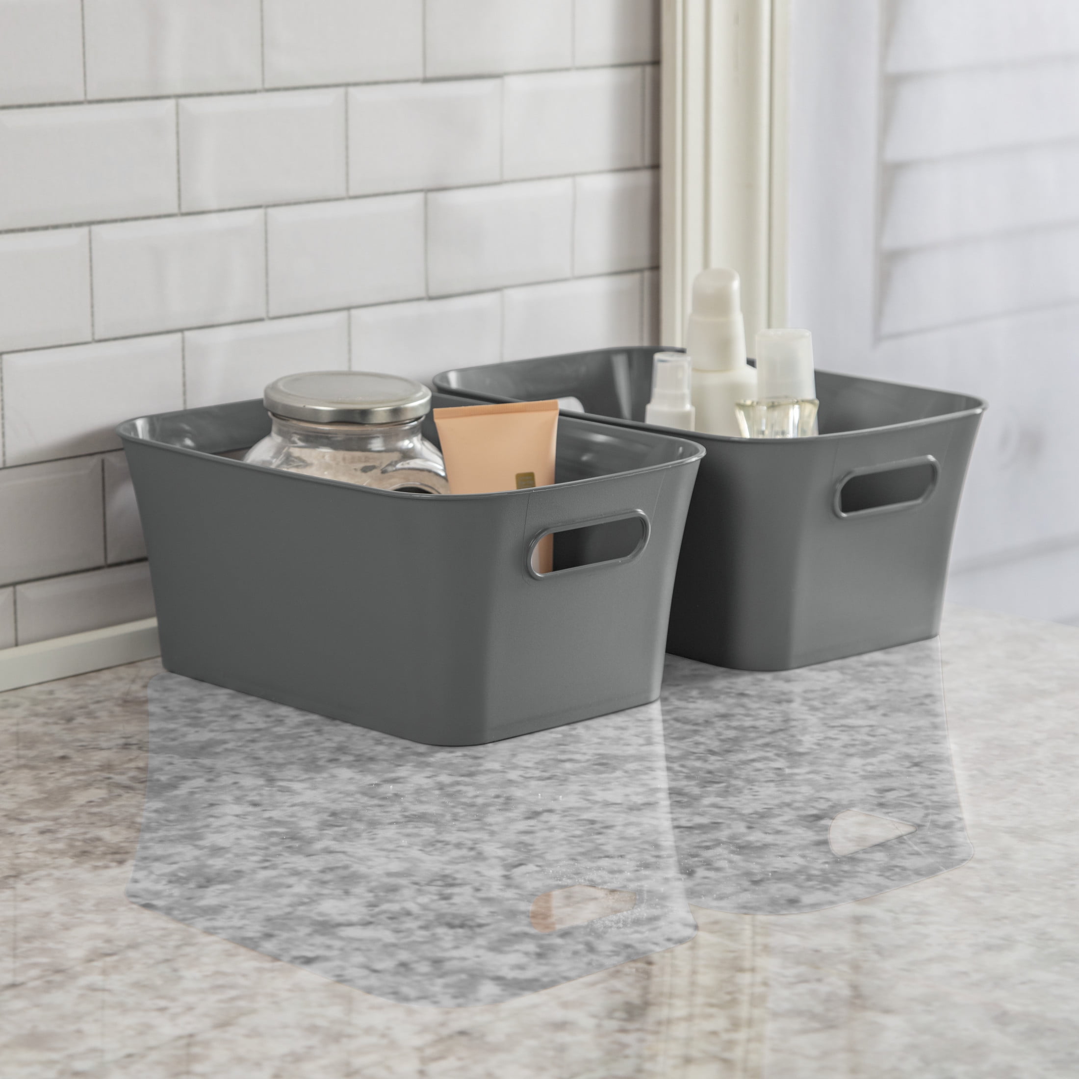 Mainstays Set of (2) Small Bins, Open Plastic Storage Containers, Versatile Stylish Organizers, Gray, 6 Pack