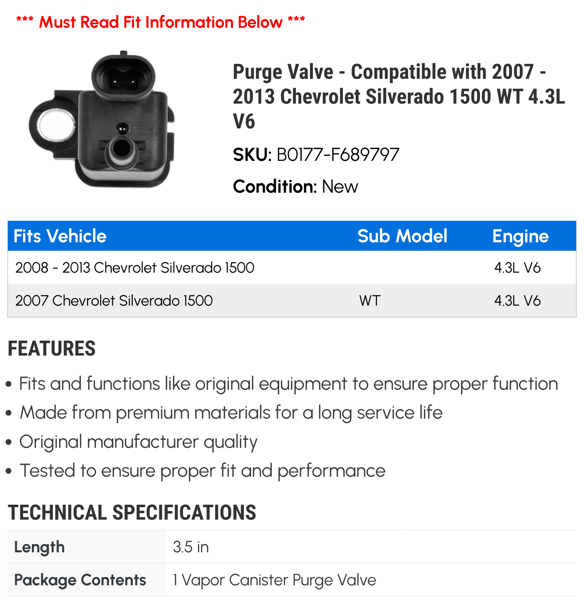 Purge Valve - Compatible with 2007 - 2013 Chevy Silverado 1500 WT 4.3L V6 2008 2009 2010 2011 2012