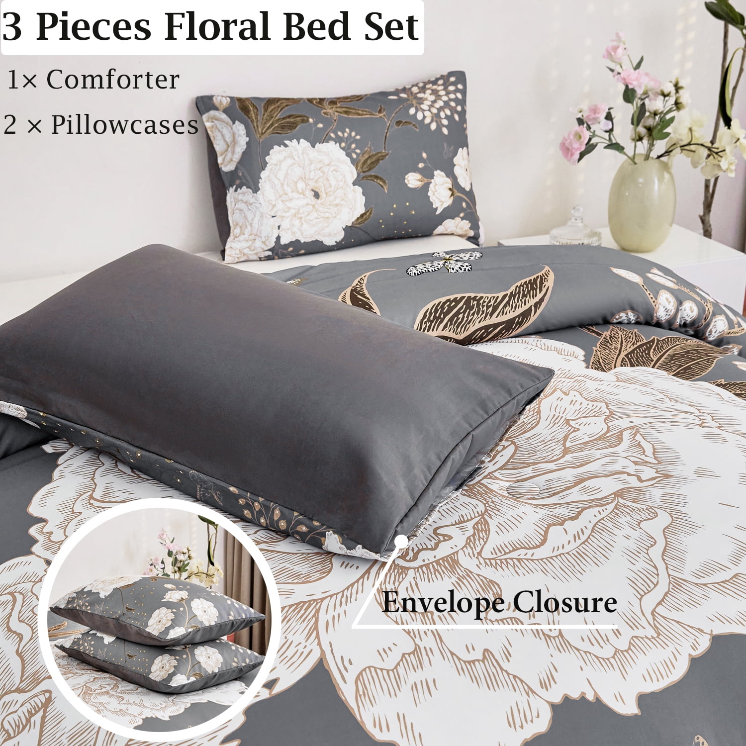 URBONUR 3 Pcs Floral Botanical Comforter Set Full Size White FLowers Bedding Set Gold Leaves Butterfly Printed on Grey Comforter Farmhouse Bedding Set for All Season