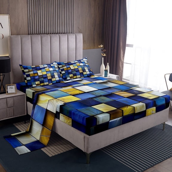 Erosebridal Navy Blue Grid Checkered Bed Sheets Twin , Gold Geometric Plaid Buffalo Bedding Sets Twin Size 3 Pieces