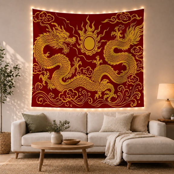 Golden Dragons Around a Sun Medallion, Dramatic Vintage Style for Dragon Lovers, Dragon Wall Art, Housewarming Gift, Tapestry Wall Hanging for Bedroom and Living Room
