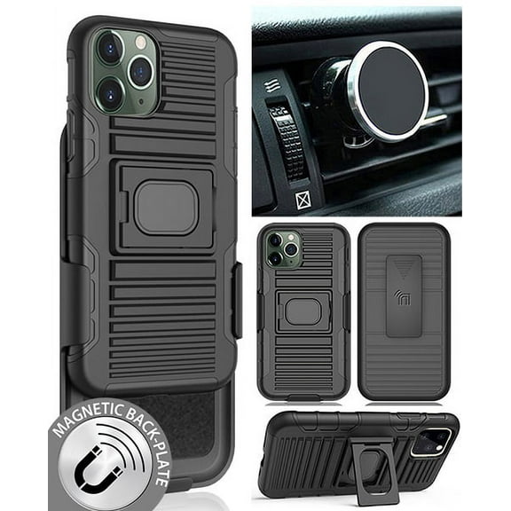 Case/Mount/Clip for iPhone 11 Pro, Nakedcellphone Black Rugged Cover [with Finger Grip Stand]   [Belt Hip Holster]   [Magnetic Car Holder] for Apple iPhone 11 Pro (2019, 5.8" Model)