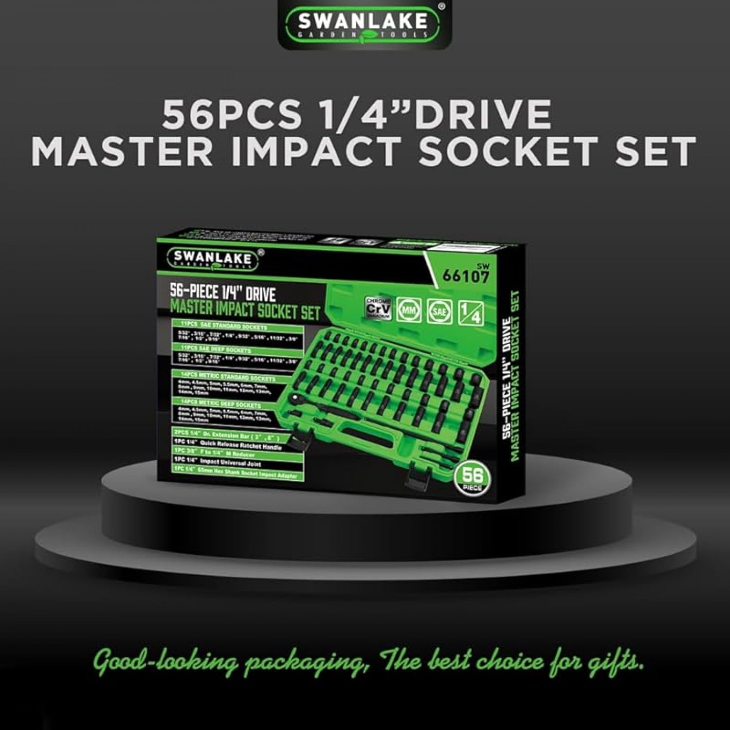 3/8" Drive Impact Socket Set, 50-Piece Standard SAE (5/16 to 3/4 inch) and Metric (8-22mm) Size, 6 Point, Cr-V, 3/8-Inch Ratchet Handle, Extension Bar, Universal Joint