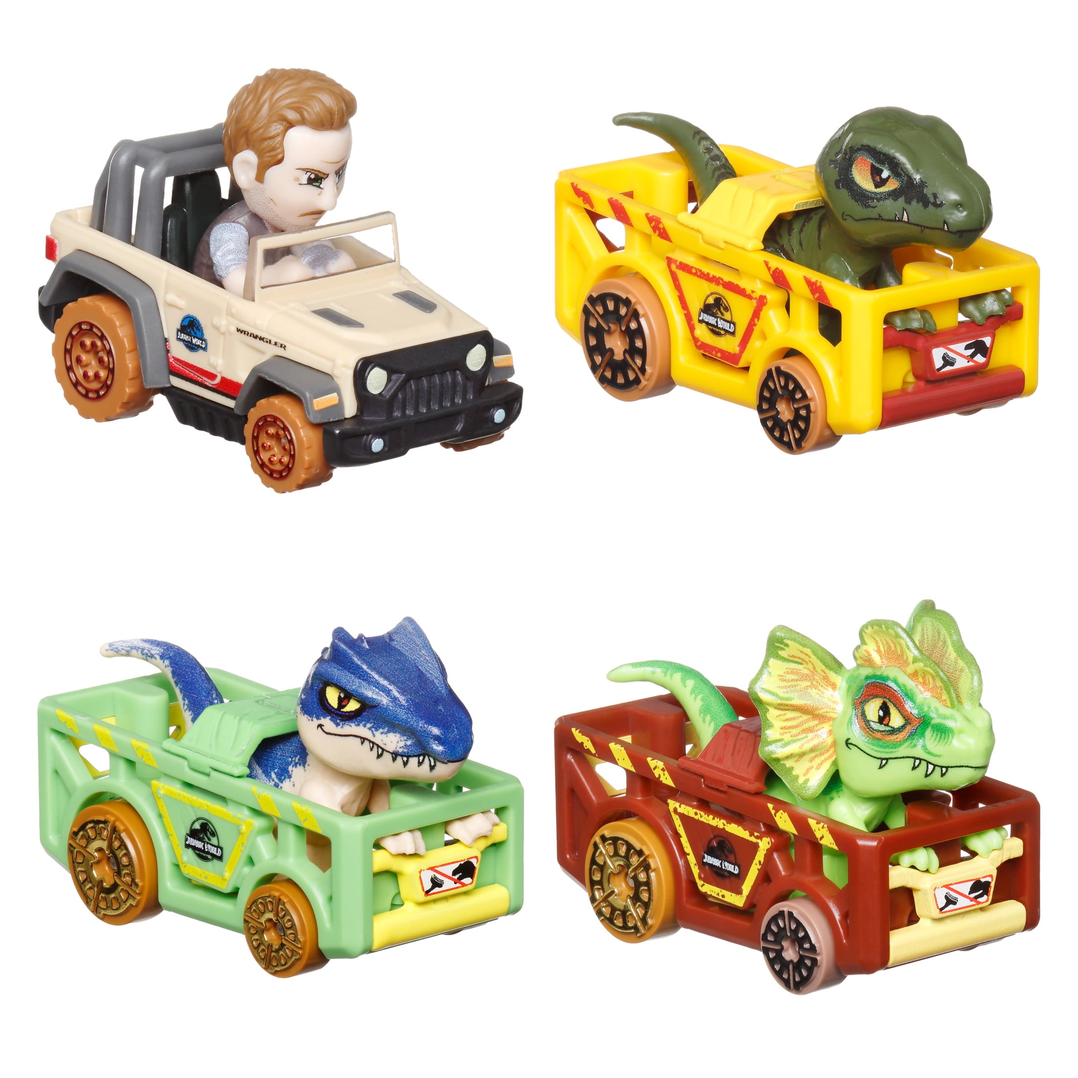Hot Wheels RacerVerse, Set of 4 Car & Truck Play Vehicles with Jurassic World Characters as Drivers