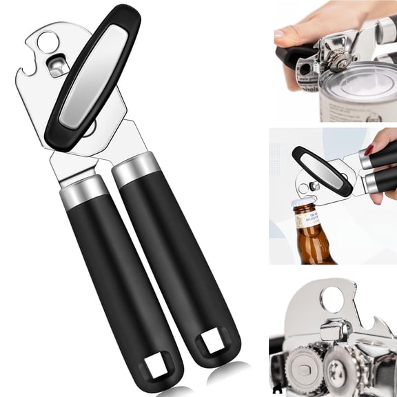 MANHS Upgraded Can Opener Manual with Bottle Opener Smooth Edge Cut, Can Opener Heavy Duty, Comfortable Soft Handle, Built-in Bottle Opener, Black