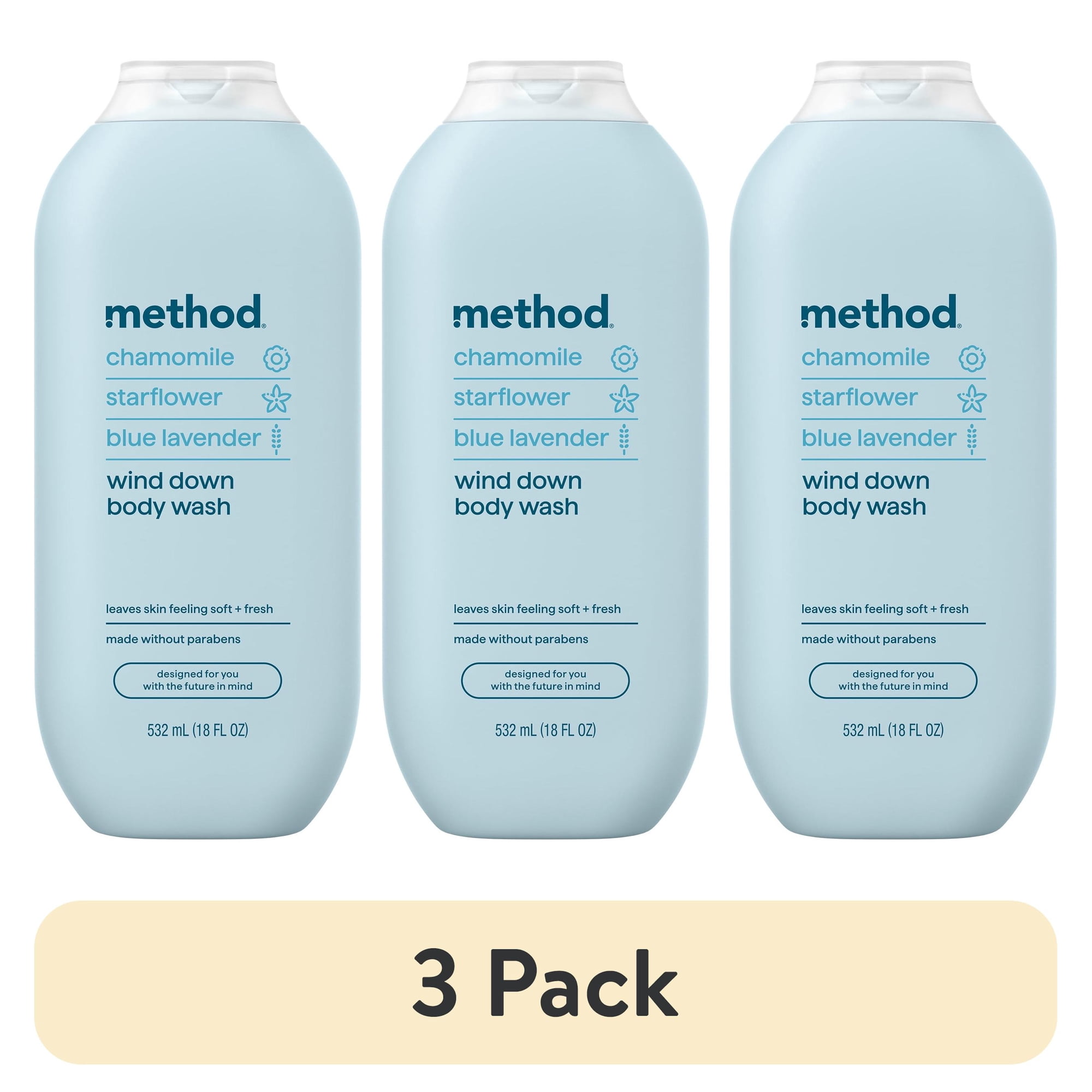 (3 pack) method Body Wash, Wind Down - Leaves Skin Feeling Soft & Moisturized, Made Without Parabens, Notes of Chamomile, Starflower & Blue Lavender, 18 fl oz