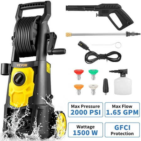 VEVOR Electric Pressure Washer, 2000 PSI, Max. 1.65 GPM Power Washer w/ 30 ft Hose & Reel, 5 Quick Connect Nozzles, Foam Cannon, Portable to Clean Patios, Cars, Fences, Driveways, ETL Listed