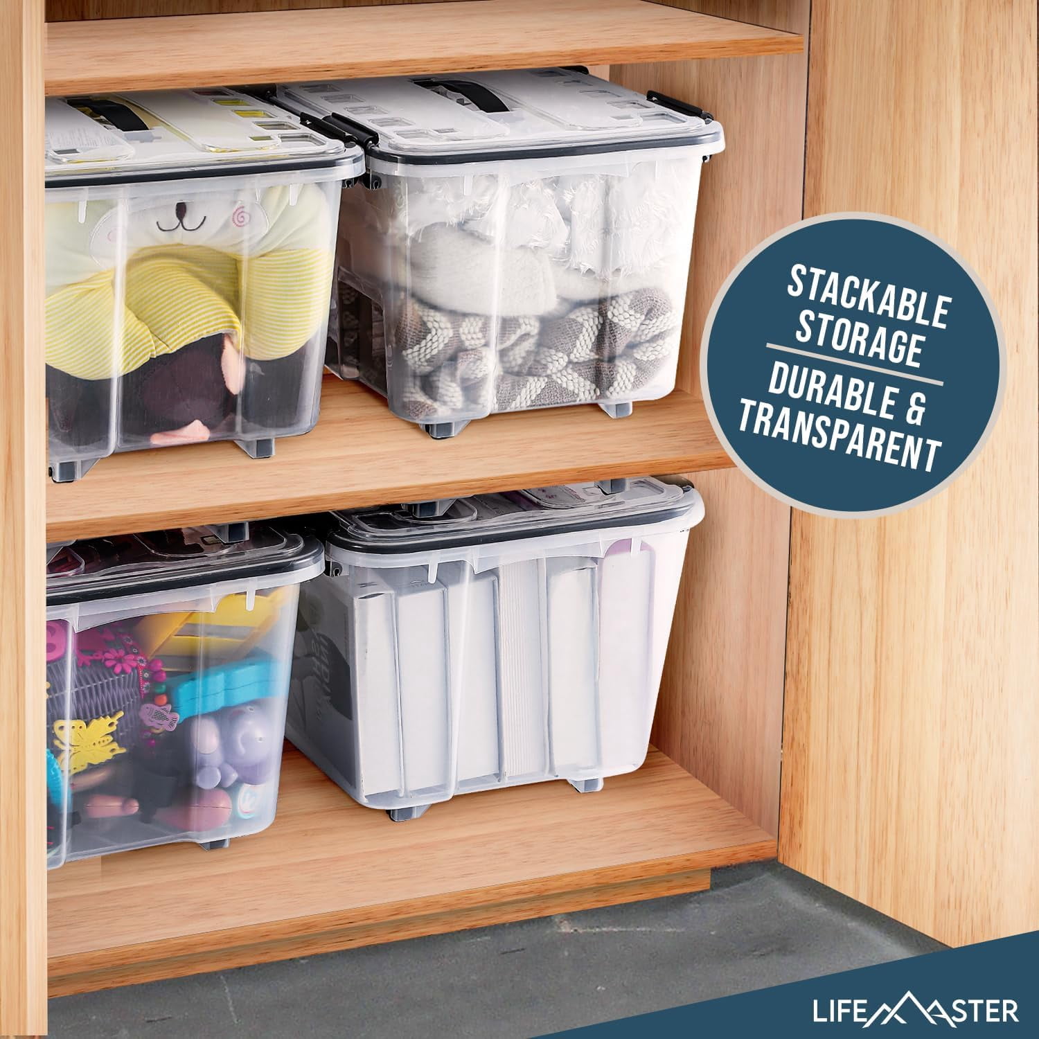 Stackable Storage Boxes - Clear Plastic, Black Seal, Modular Design 19 Quarts