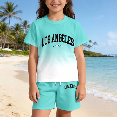 ZHOGXU Child Kids Girls Boys Outfit 2 Piece Short Sleeve Crew Neck Gradient Letter Print Top And Shorts Stylish Loose Fit Sets For Everyday Wear Green 5-6 Years