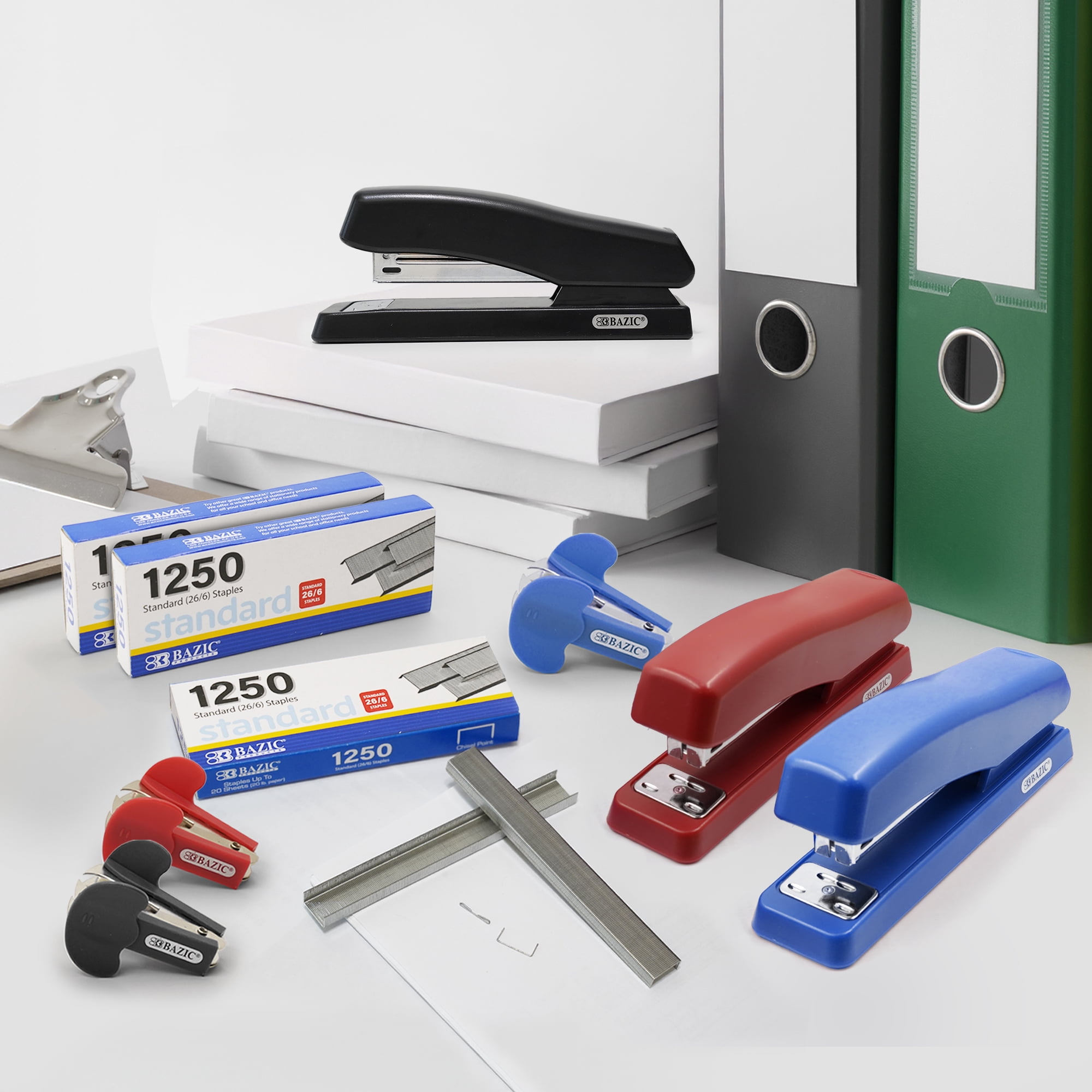 BAZIC Desktop Stapler + Staple Remover + 1250 Staples, 3-Pack