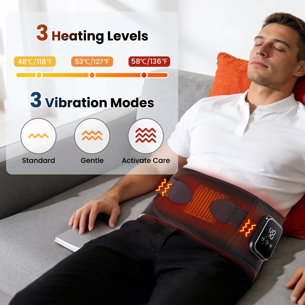 Cordless Heating Pad for Back, Heated Waist Belt Massager, Heated Back Lumbar Support Belt, 3 Heat & Vibration Modes, USB Rechargeable for Relaxation, Black