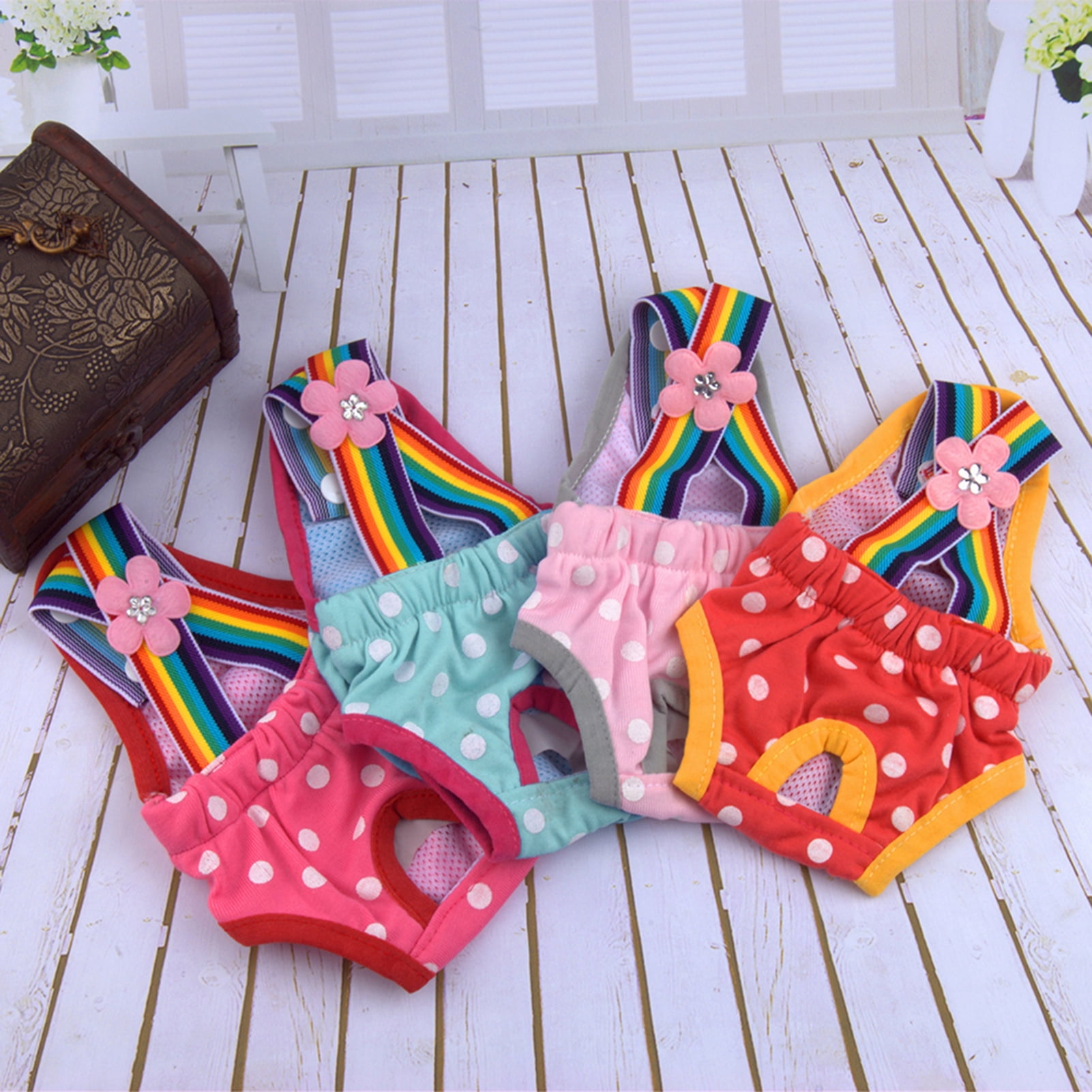 HEVIRGO 4PCS Female Dog Diaper Cute Washable Polka Dot Striped Sanitary Diaper Pet Physiological Pants for Home,Polka Dot Pink,S