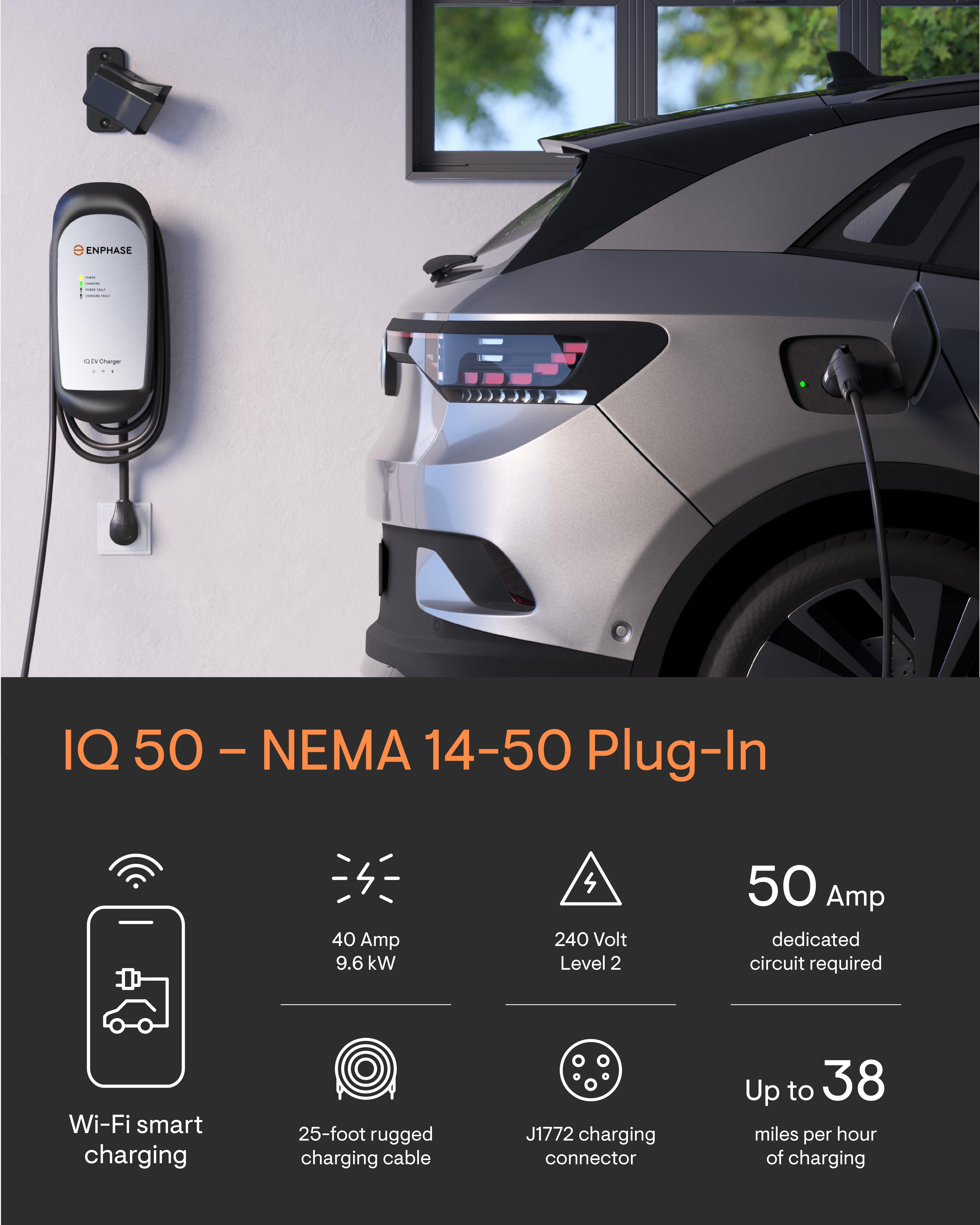 Enphase Smart Level 2 EV Charger with Wi-Fi, Safety Certified, 40 Amp, 240v, NEMA 14-50 Plug, Ruggedized 25ft Cable & J1772 Connector, IQ 50 Home Electric Car Charging Station