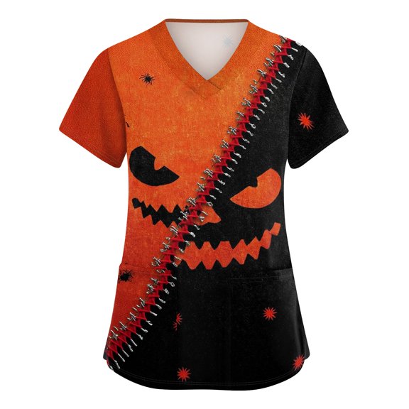 JULMCOMO Halloween Scrub Tops for Women Plus Size Pumpkin Haunted Castle Print V Neck Graphic Tees Trendy Loose Holiday Nurse Uniform Shirts with Pockets Orange 2XL