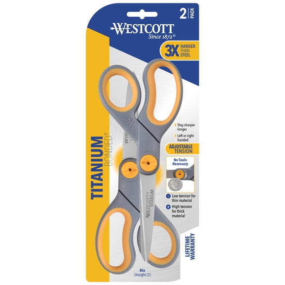 Westcott 8 Inch Titanium Bonded Adjustable Glide Office Scissors, Grey & Yellow, 2-Pack
