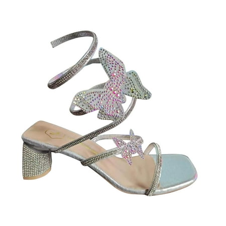 

TUOBARR Heels Sandals Women Womens Square Toe Strapy Chunky Heeled Sandals Silver