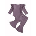 thumbnail image 3 of Xingqing Newborn Baby Girls Fall Spring Outfits Ruffle Long Sleeve Knitted Romper Tops + Bell Bottom Pants Clothes, 3 of 6