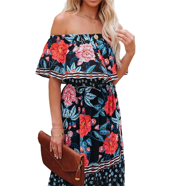 Bellella Femmes Maxi Robes Imprimé Floral Été Plage Robe Soleil Épaule Longue Robe en Vrac Manches Courtes Vacances Noir Floral L
