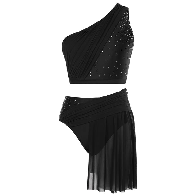 Yartina Robe Moderne Lyrique avec Strass pour Femmes, une Épaule Crop Top avec Jupe en Maille Noire TG