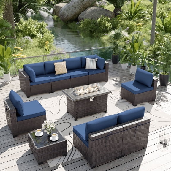ALAULM 10 Pieces Patio Furniture Set with 43" Propane Fire Pit Table & 8 Seat Cushions(Navy Blue)