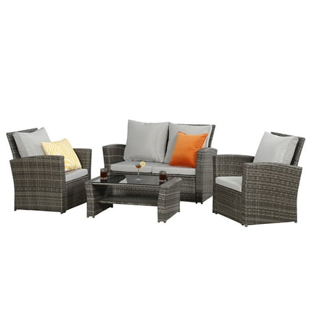 Superjoe 4 Piece Outdoor Patio Furniture Set Rattan Sectional Conversation Set 4 Cushioned Seats Gray