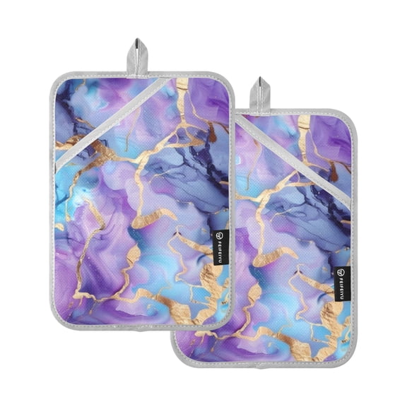 Blue Purple Marble Oven Mitts 2 Pcs Pot Holders Sets Heat Resistant for Kitchen Cooking Baking 7"x9.8"