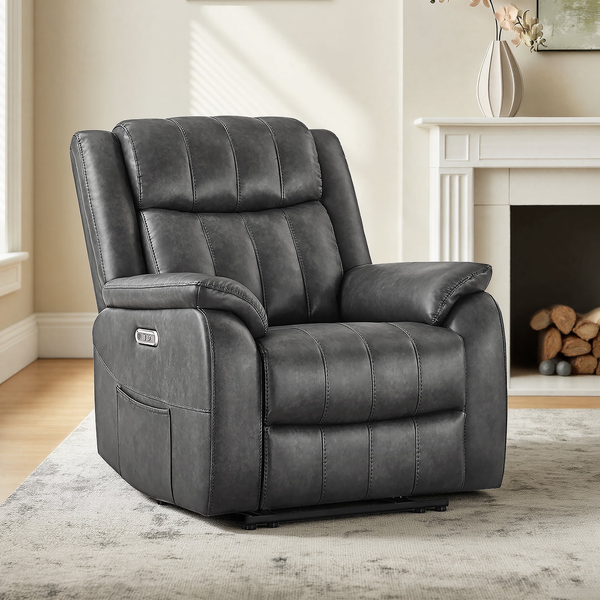Spruce & Spring Power Recliner Chair, Modern Faux Leather Wall Hugger Electric Recliner Sofa with Channel Tufted Back and Overstuffed Armrests, Adjustable Living Room Single Sofa, Gray