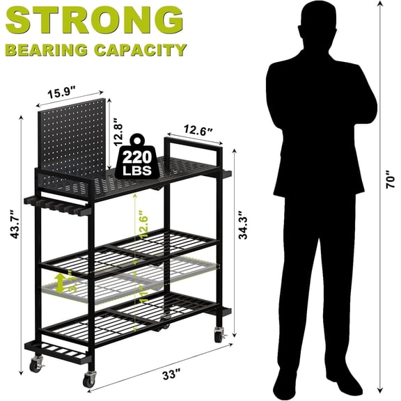Seeahead Fishing Rod Holders for Garage with Wheels, 3-Tier Storage Rack, 12 Rod Slots & Pegboard Organizer