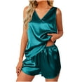 thumbnail image 3 of Feancey Women's Satin Pajamas Sets Sleeveless V Neck Tank Top and Short Pjs Set Soft Silky Sleepwear Loungewear Summer Casual 2 Piece Outfits Green S, 3 of 8