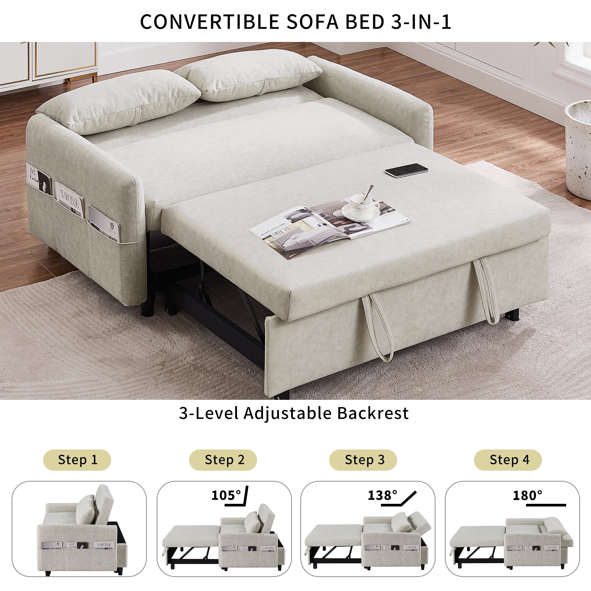 DEALTOPS 55.1" Sofa Bed with Pull Out Sofa Bed Sleeper Sofa Couch Adjsutable Backrest Loveseats Couches for Living Room - Beige