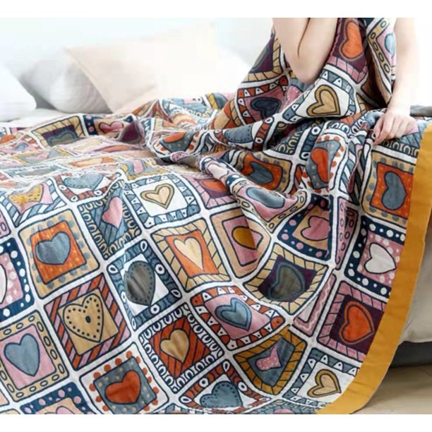 Toalla de algodón espesa de gasa simple, manta de sofá moderna de una sola siesta y doble capa, manta de aire acondicionado de dibujos animados suave, fresca de verano